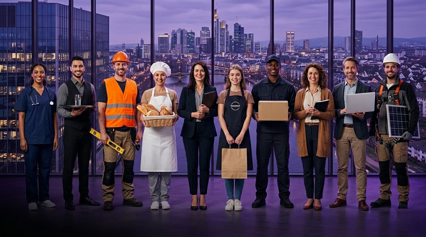 Fachkräfte aus 10 Branchen vor der Frankfurter Skyline